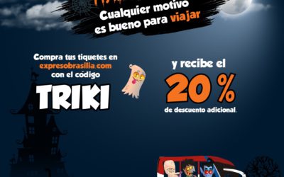 ¡Arma tu maleta y viaja YA!, compra tus tiquetes en expresobrasilia.com con el código TRIKI y recibe el 20% de descuento adicional.