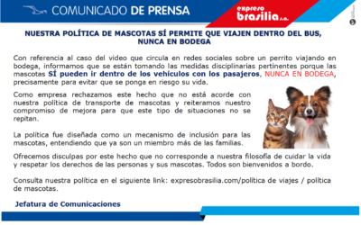 Comunicado de Prensa: Nuestra política de mascotas sí permite que viajen dentro del bus, nunca en bodega